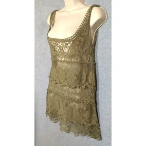 Crochet Tank Top Women S Lace Inserts Green  Boho Appeal Festival Vintage Charm